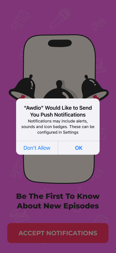 Asking the user to enable notifications in AWDIO, showing a modal with options to enable or skip notifications.